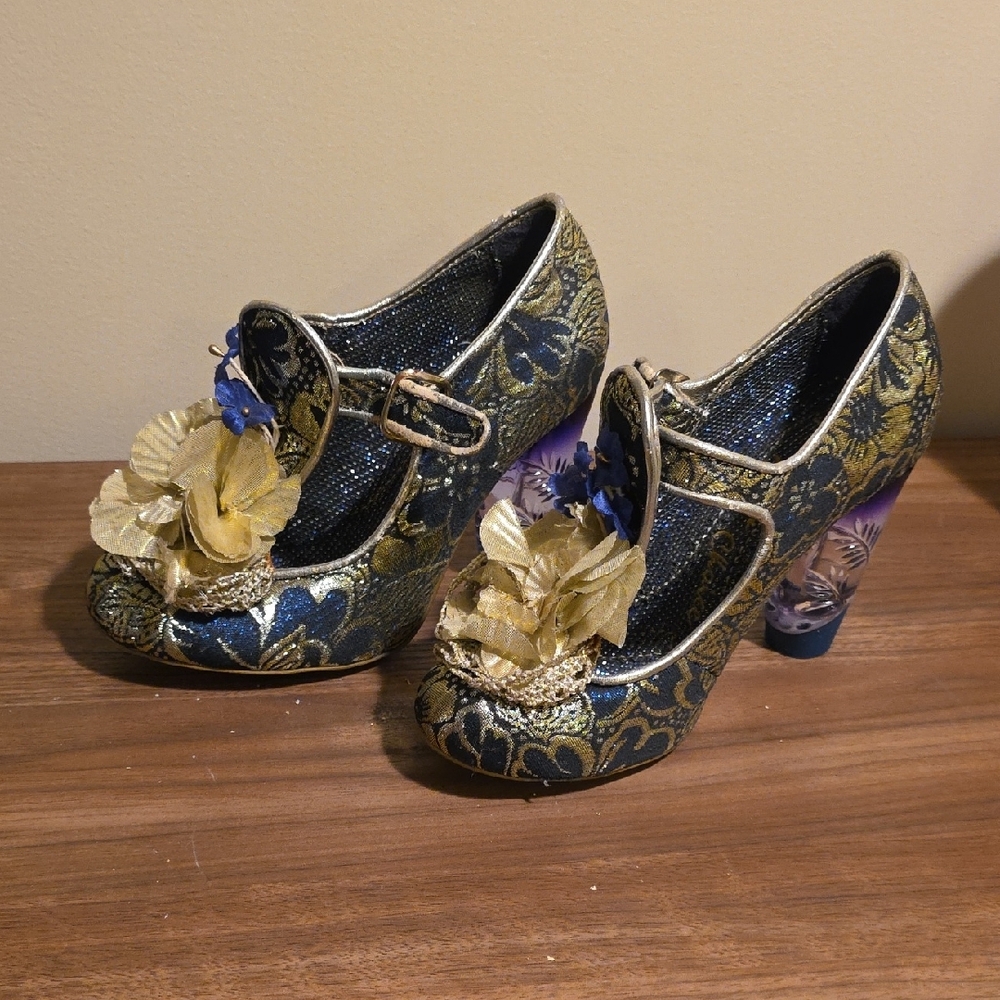 Irregular Choice Gold And Blue Floral Heels View 4